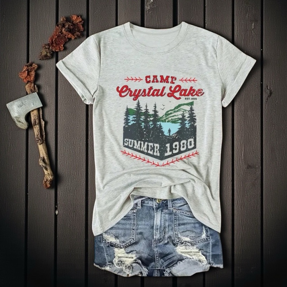 CAMP CRYSTAL LAKE Friday the 13th gray crewneck t-shirt S • XL new NWT